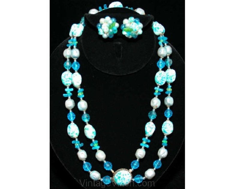 Double Strand Spring Green and Blue Hong Kong FINAL SALE Resort Chic 1960s Turquoise Speckled Necklace /& Earrings Secretary Chic