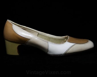 Größe 6 1960er Jahre Schuhe - Mod Patchwork Leder Pumps - C breit - Neutraler Farbton Beige & Hellbraun genähte Aufnäher - Sekretärinnen-Stil - 60er Jahre Deadstock