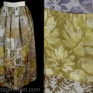 May include: A long, patchwork skirt made of different fabrics with floral patterns in shades of brown, beige, and white. The skirt has a white waistband and a gathered waist.