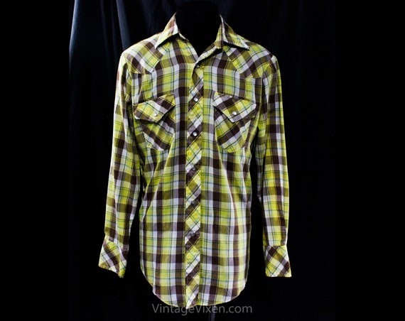 Men's Small Western Shirt - 1970s 80s Yellow Plai… - image 1