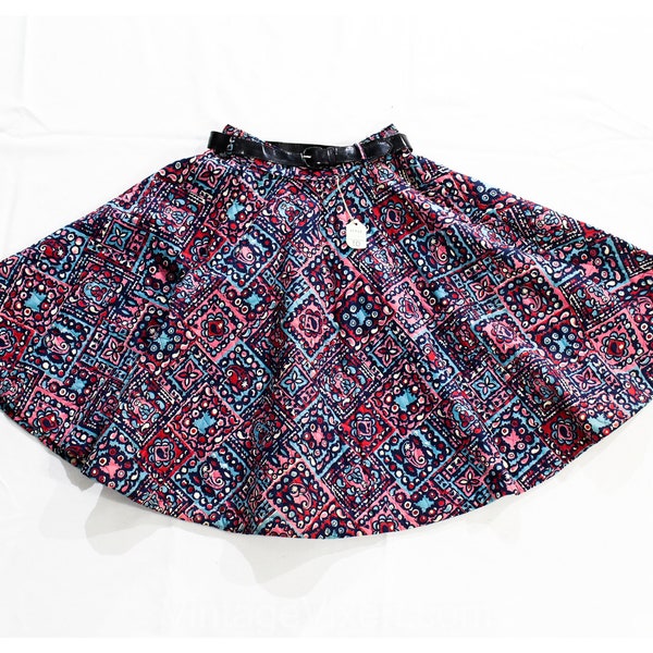 1950s Girl's Circle Skirt - Size 8 Childs Quilted Flare - 50s Red Pink Navy Blue Cotton - Bohemian Paisley Buddhas Patchwork - Waist 23