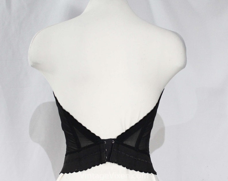 34C 50s Strapless Bra Burlesque 1950s Black Lace Backless Bustier with Satin 34 C Pin Up Girl Long Line Merry Widow NOS Deadstock image 5