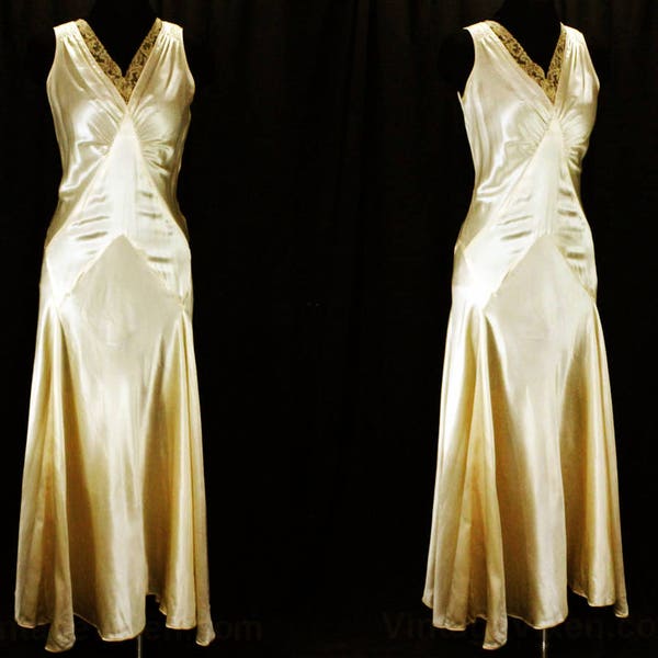 Size 10 1930s Evening Dress - Champagne Silk Satin Formal Gown - Authentic 30s Glamour - Lace V-Neck Bias Cut Flared Skirt - Bust 38 - 48502