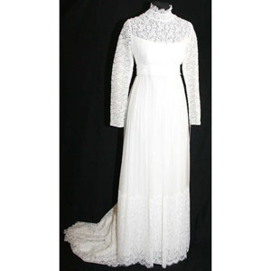 Size 10 Wedding Dress - Elegant White Chiffon & Lace Vintage Bridal Gown With Attached Train - 60s NWT - Bust 36 - Waist 28.5 - 31822-1