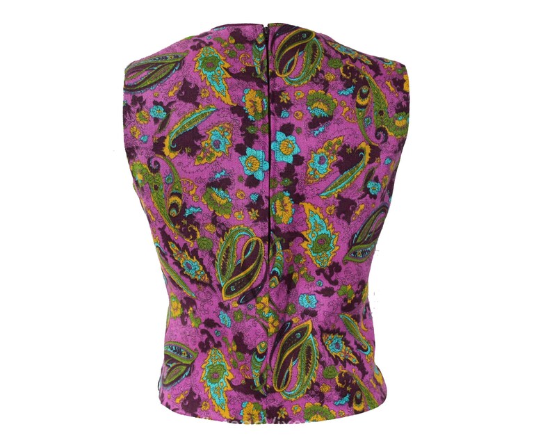 Bust 34 NOS Deadstock with Tags Small 60s Secretary Style Tailored Blouse Violet Purple Sleeveless Shell Size 6 Paisley 1960s Top