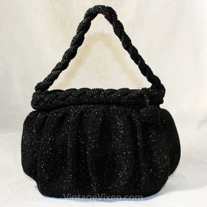 Schwarze Perlen Abendtasche circa 1938 - Schwere Kaviar Perlenarbeit 40er Jahre formelle Geldbörse - geflochtener drapierter Riemen - 1930er 1940er Sirenengöttin Handtasche