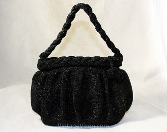 Black Beaded Evening Bag circa 1938 - Heavy Caviar Beadwork 40's Formal Purse - Braided Draped Strap - 1930s 1940s Siren Goddess Handbag