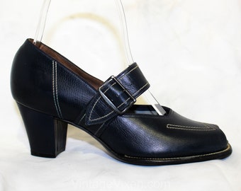 Size 4 1/2 Navy Leather Shoes - 1940s Peep Toe Pumps with Deco Top Stitching - Size 4.5 B 40s Deadstock Dark Blue Open Toes - Cute Modernist