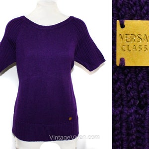 Versace Sweater - ca. 1990 Grape Merino Wool Pullover - Size 8 Short Sleeve Knit - Designer Versace Classic V2 - Primo Condition - Bust 37
