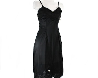 Black Full Slip - Small 1950s 60s Nylon Tricot & Lace Lingerie - Pink Ribbon Rosettes - Classic 50s Deadstock - Bust 34.5 - Mint Condition