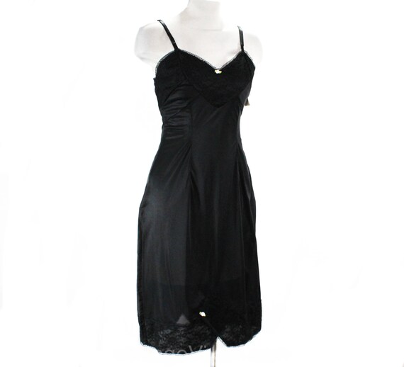 1950s Pin Up Girl Black Full Slip - 50s 60s Lingerie - Nylon Tricot & Lace - Pink Ribbon Rosettes - Classic NWT Deadstock - Medium Bust 35.5