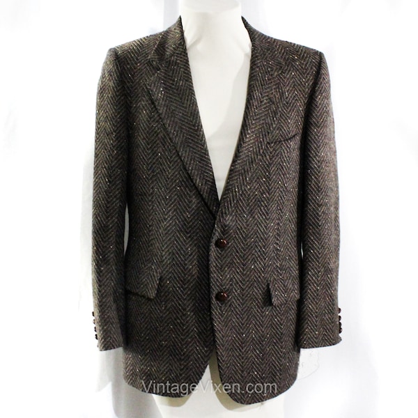 Men's Tweed Jacket - Designer Oleg Cassini Flecked Herringbone Wool Blazer - 1980s Retro Professor Sport Coat - Fawn Gray Black - Chest 42