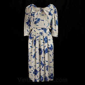 80s Designer Dress by Ted Lapidus - Silky Blue & White 1980s Retro Frock - Sailor Collar - Paris Diffusion Label - Medium Size 10 Bust 36