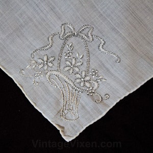 Embroidered 40s Handkerchief - Sheer Fine White Cotton with Bride&#39;s Basket Embroidery - Pretty 1940s 50s Hope Chest Linen - 12 Inches Square
