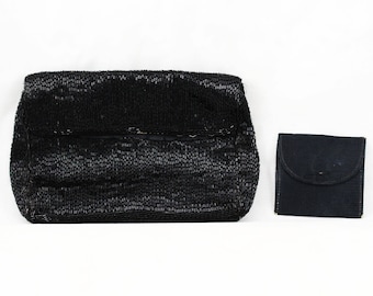 1930s Evening Bag - Hand Beaded Black Formal Purse - Small 30s Dance Handbag - Coin Purse Included - As Is - Salvage or Scrap Project Piece