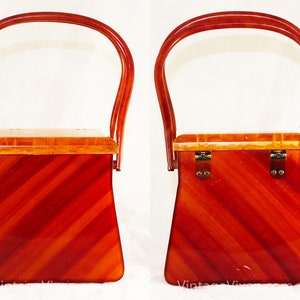 1950s Orange Lucite Handbag - Burnt Sienna Honey Rare 50s Box Bag - Rectangular Mid Century Purse - Diagonal See Through Plastic Carved Lid