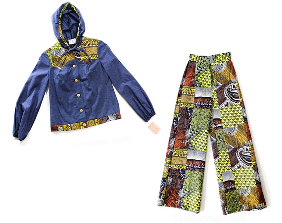 1970s Funky Pant Set with Hood - 70s Denim Chambra