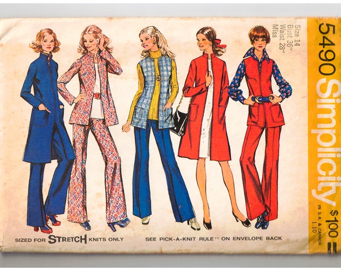 1972 Pant Suit Sewing Pattern 70s Misses Blouse Vest Coat & Wide Leg Trousers Bust 36 Simplicity