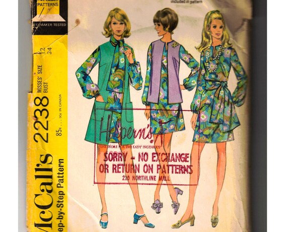 1969 Dress Sewing Pattern - 60s Misses Long Sleeve Sheath With Sash & Vest  - Complete Bust 34 Mccalls 2238 1960s Mod A-line Chic - Etsy