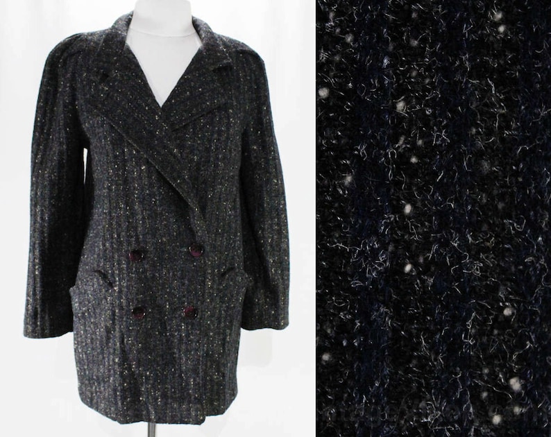 Size 8 Retro Jacket - 1930s Inspired 1990s Coat - Medium Size Striped & Flecked Wool - Charcoal Gray Navy Black - New York Girl Label image 1