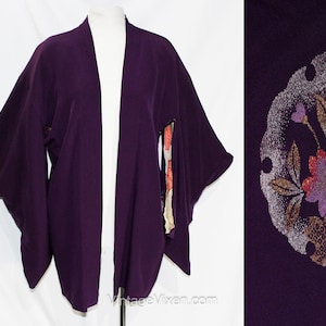 1930s Kimono Robe - Aubergine Purple Crepe Haori - Gorgeous Metallic Flower Cameos - Metallic Gold & Silver Weave - 30s Rayon Print Lining