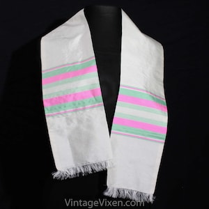 Exquisite Thai Silk Shawl - Luminous White Pink & Mint Green Handwoven Wrap - 1950s 1960s Rectangular Scarf with Fringe - Spring Summer Sash
