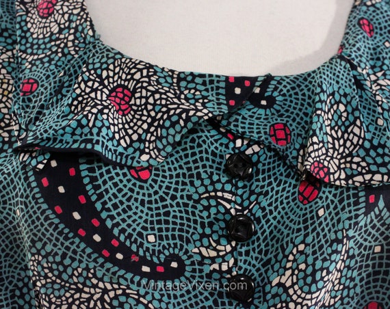 1940s Paisley Rayon Dress - Medium 40s Turquoise … - image 3