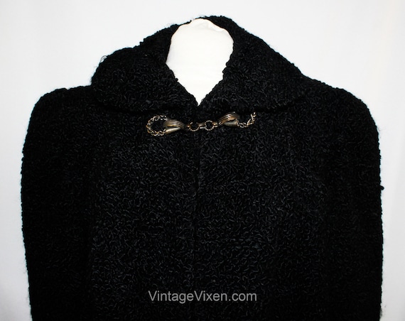 XL 1940s Black Coat with Brutalist Metal Rings Cl… - image 5
