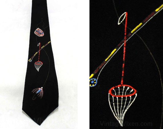 1940s Men's Tie - 40s Hand Painted Fly Fishing Nov