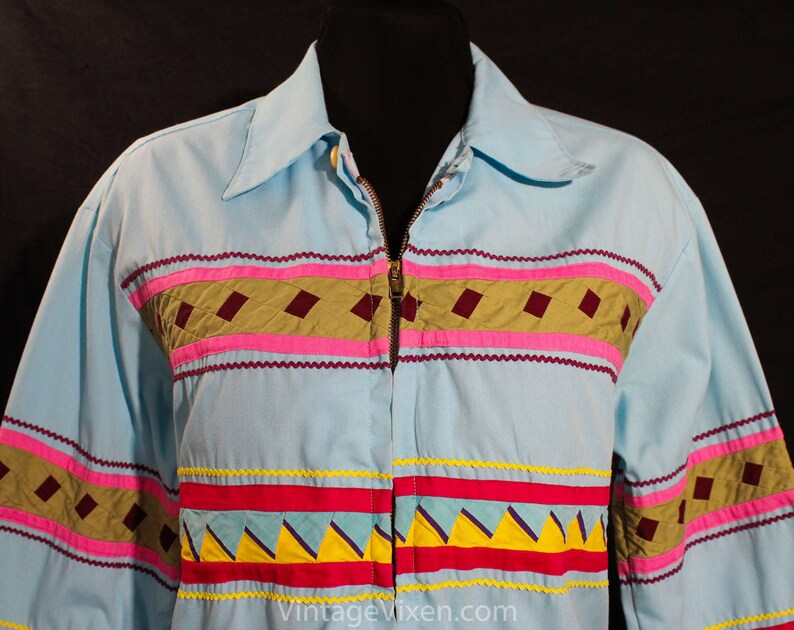 Size 12 Seminole Patchwork Jacket Sky Blue Windbreaker Arts and Crafts Bust 40 Terrific 50s 60s Turquoise Native American Tribe