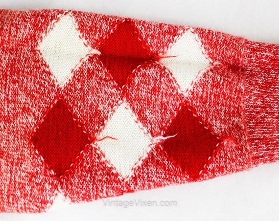 1950s Arm Warmers - Cherry Red & White Wool Argyl… - image 6