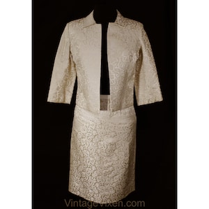 Size 6 Silk Suit - 1960s Neutral Jacquard Cocktail Jacket & Skirt - Small 60s Tailored Formal Ensemble - Ecru Bone Ivory Beige - Waist 26