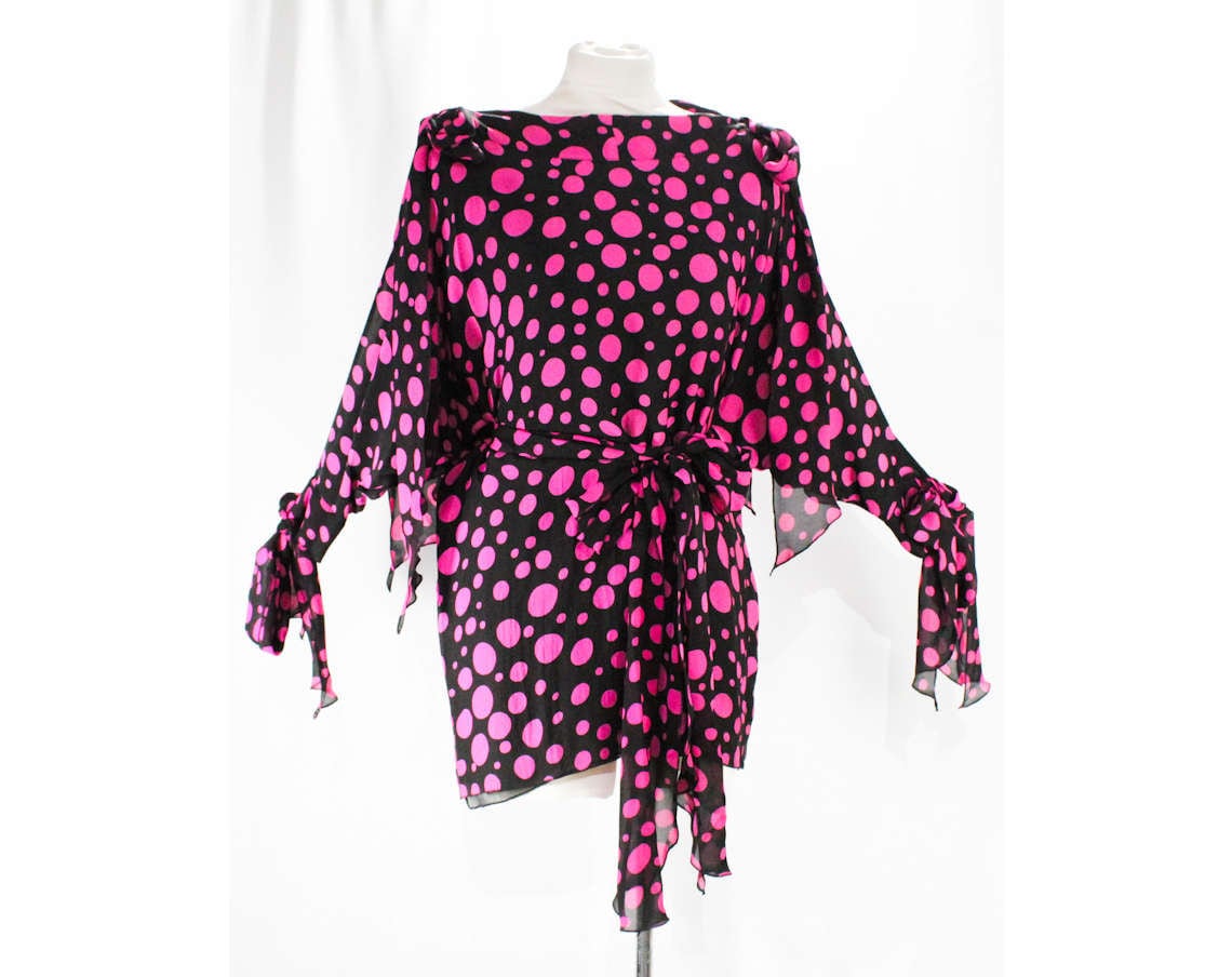Size 12 Polka Dot Silk Shirt Designer Pink & Black Print Top - Etsy