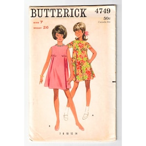 1960s Girl&#39;s Mini Dress Sewing Pattern - Childs Size 7 Mod A-Line Empire Sheath with Bows - Pieces Complete - Chest 26 - Butterick 4749