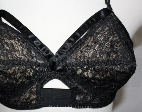 1950s Bullet Bra Sheer Black Lace & Circular Stitching 36A