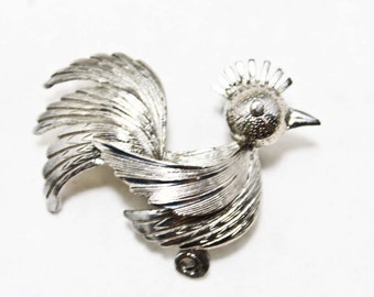 Modernist Vogel Pin - 1950er Jahre Mid Century Modern Hahn Huhn Stil Brosche - 50er 60er Jahre silberfarbenes Metall - Gutes Design MCM Avian Schmuck