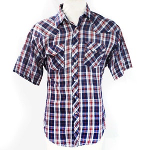Herren XL Westernhemd - Kurzarm Marine Blau Weiß Rot kariertes Cowboyhemd - 70er 80er Jahre Baumwolle - Sommer Rodeo - Brustumfang 46