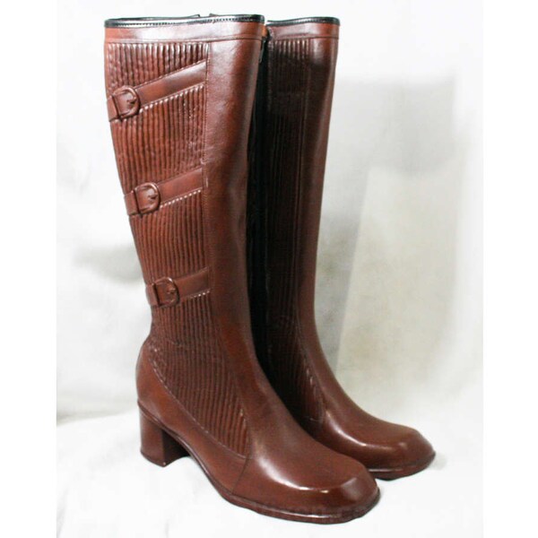Size 5 Trompe L'Oeil 60s Boots - Brown Waterproof Rubber - Sophisticated 1960s - Faux Buckles - Fleece Lined - Unworn - Deadstock - 43295-18