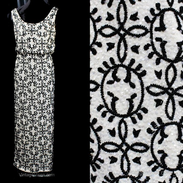 1950s Floral & Nude Applique Bust Black Silk Bombshell Dress