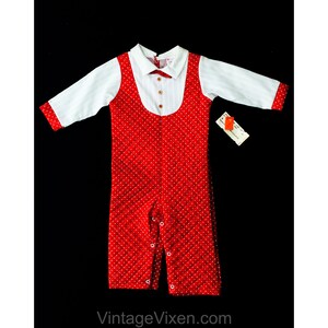 Toddler Size Red Quilted 1970s Kids' Romper - Size 18 Months Girls Polka Dot Holiday Christmas Outfit - 70s Children's Deadstock