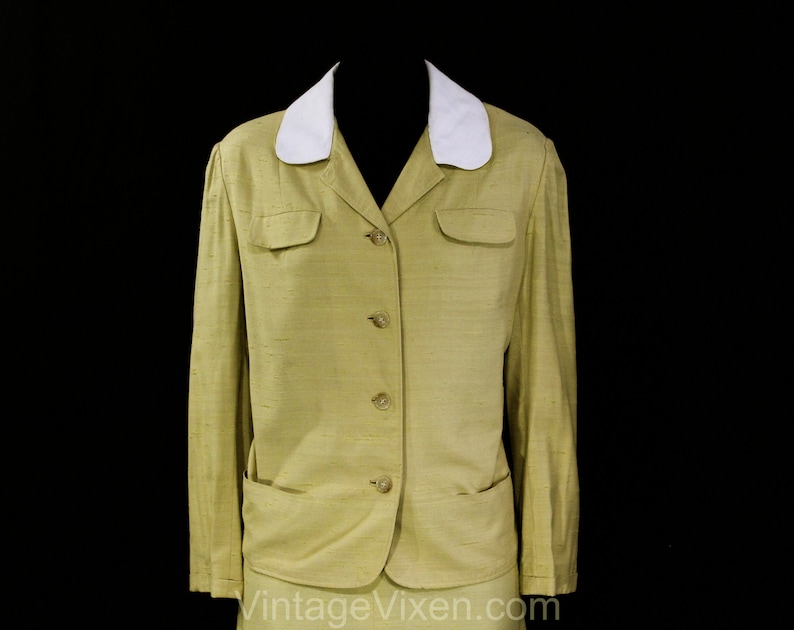 Waist 30 Late 50s Early 60s with Pockets Size 10 Taupe Suit 1950s Golden Yellow Faux Silk Tailored Jacket and Skirt by Peck /& Peck