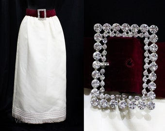 Royal Satin Skirt with Big Rhinestone Buckle - Small Cream Maxi Evening Skirt & Burgundy Red Velveteen Belt by Anne Klein - 1970s Deadstock