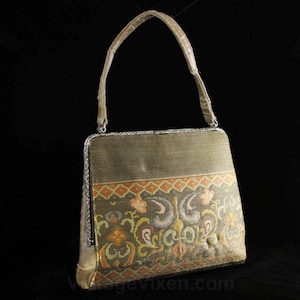 1950s Metallic Purse - Special Gold Floral Satin Brocade 50s Evening Bag - Elegant Flourish Motif Formal Handbag - Cinderella Blue Lining