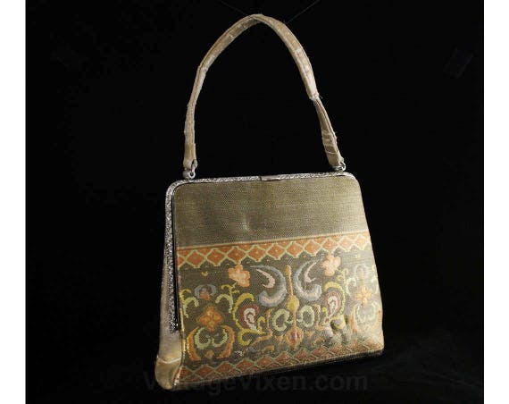 1950s Metallic Purse - Special Gold Floral Satin … - image 1