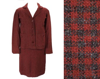 1950s Tweed Suit - Brick Red & Charcoal Gray Tailored Medium Jacket and Skirt - Maroon Checked Wool - Late 50s Early 60s - Size 10 Waist 28