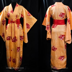 Orange Kimono Robe - Japanese Red Ikat Floral Silk Asian Lounge Wrap - Beautiful Hand Sewn Authentic from Japan - Angel Sleeves - Bust to 46