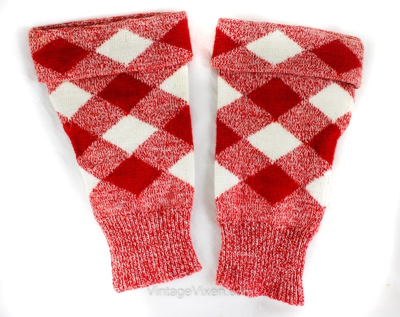 1950s Arm Warmers - Cherry Red & White Wool Argyl… - image 1