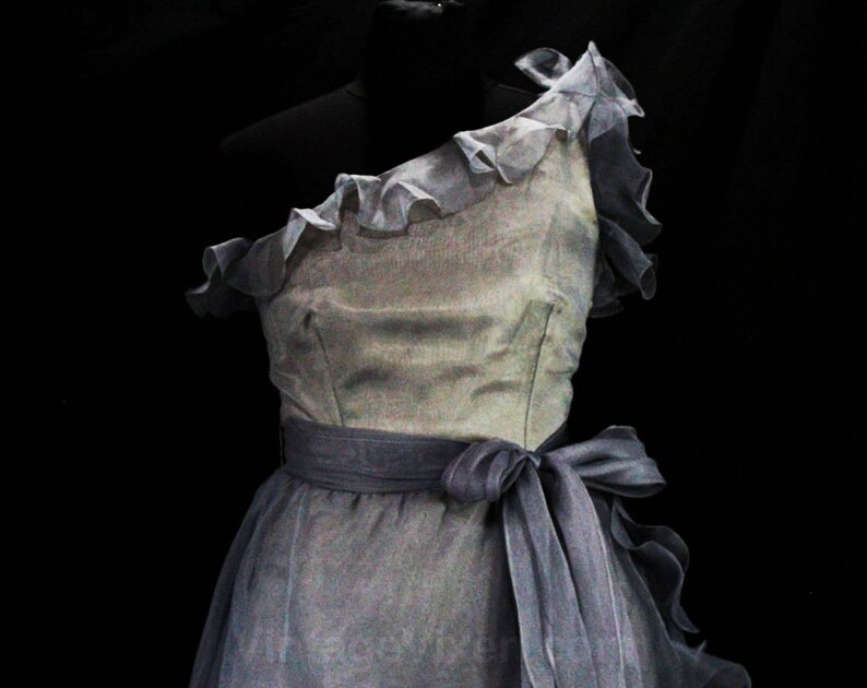 May include: A one-shoulder, gray tulle dress with a ruffled neckline and a gray satin sash.