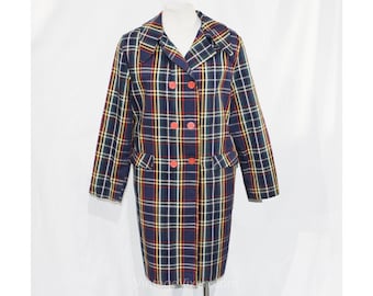 1960s Plaid Coat - Medium Spring 60s Mod Tartan with Double Breasting & Pockets - Blue Red Yellow Green Coral Charming Cloth Coat - Bust 39