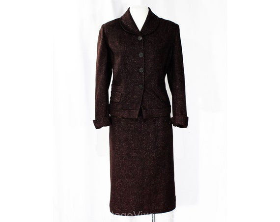 Size 2 Tweed Suit - XS Small 1950s Brown Flecked … - image 1